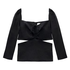 NWT Zara Womens Sz S Linen Blend Black Detail Cut-out Drawstring Top